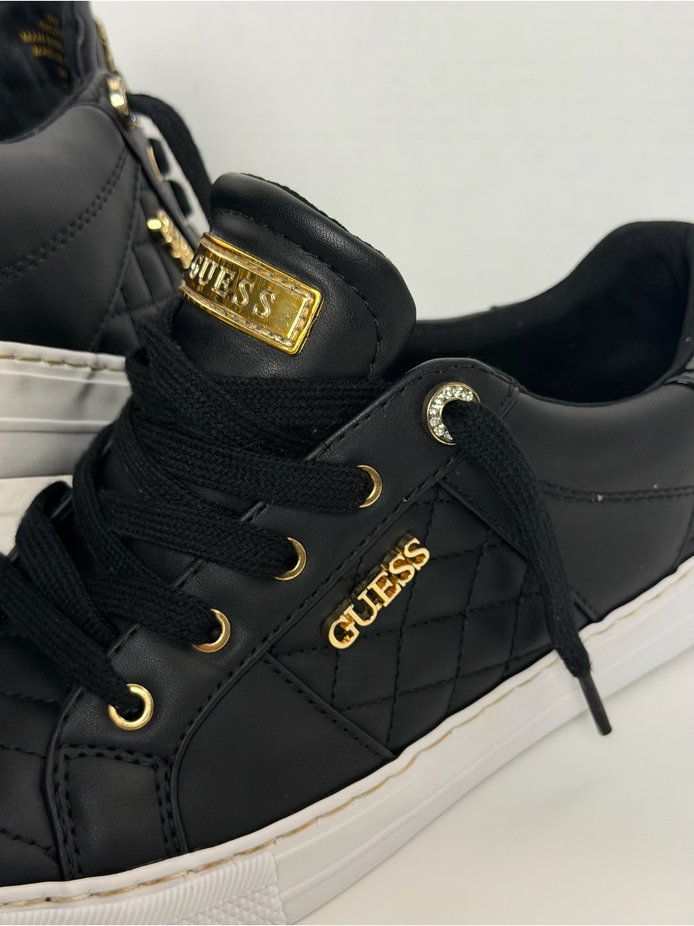 GUESS Women’s Black Quilted Sneakers Size 10M Gold Logo Lace Up Shoes